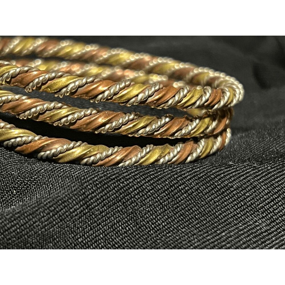 Artisan Made Twisted Brass, Copper and Silver Bracelet Set of 3